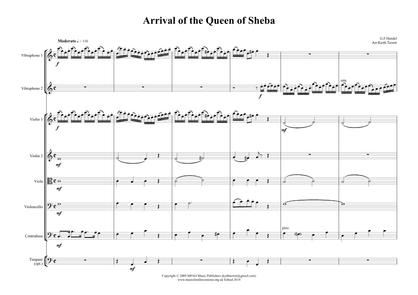 The Arrival of the Queen of Sheba for Two Mallet Percussion & Orchestra (arr. Keith Terrett)