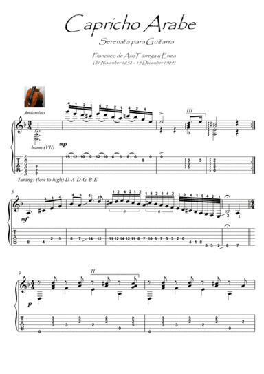 Capricho Arabe by Tarrega guitar solo (arr. PianoSheetNow)