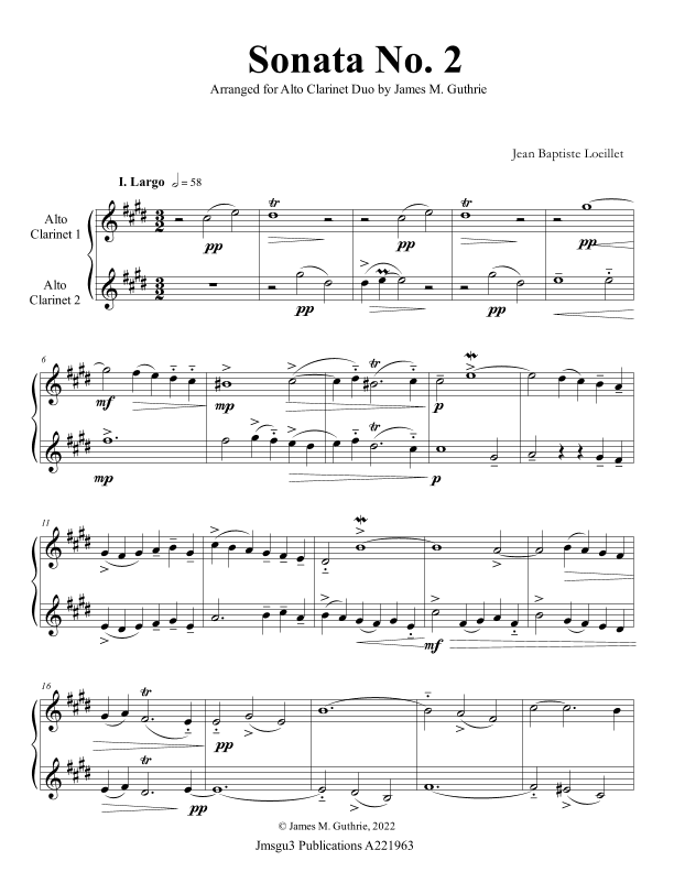 Loeillet: Sonata No. 2 for Alto Clarinet Duo (arr. James M. Guthrie)