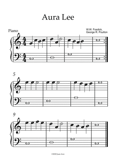 Aura Lee - Piano, Very Easy (arr. Juan Arce)
