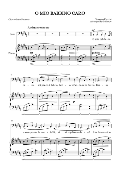O Mio Babbino Caro | Male Voice Bass | B Major | Piano accompaniment | Pedal (arr. Milanov)