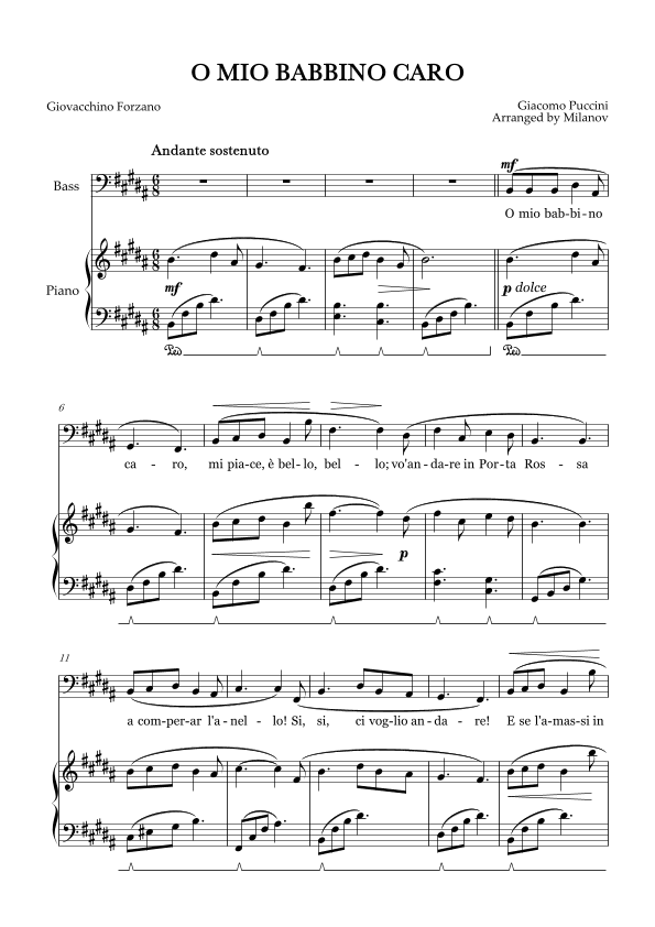 O Mio Babbino Caro | Male Voice Bass | B Major | Piano accompaniment | Pedal (arr. Milanov)