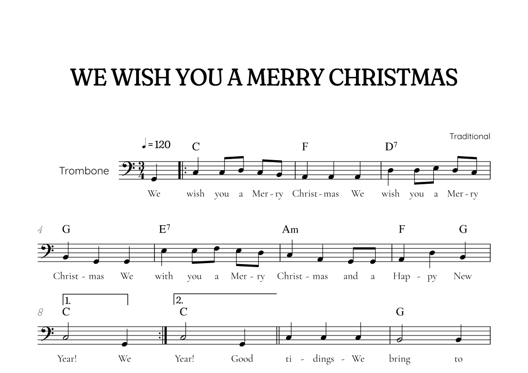We Wish You a Merry Christmas for trombone • easy Christmas sheet music with chords and lyrics (arr. Benzaiten Editions)