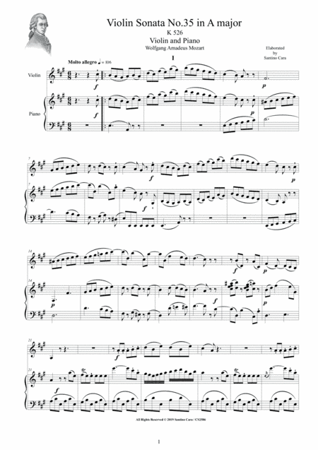 Mozart - Violin Sonata No.35 in A major K 526 for Violin and Piano - Score and Part (arr. Santino Cara)