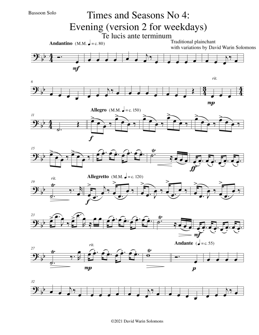 Times and Seasons for bassoon solo No 4: Evening (version 2 for weekdays) (arr. David Warin Solomons)