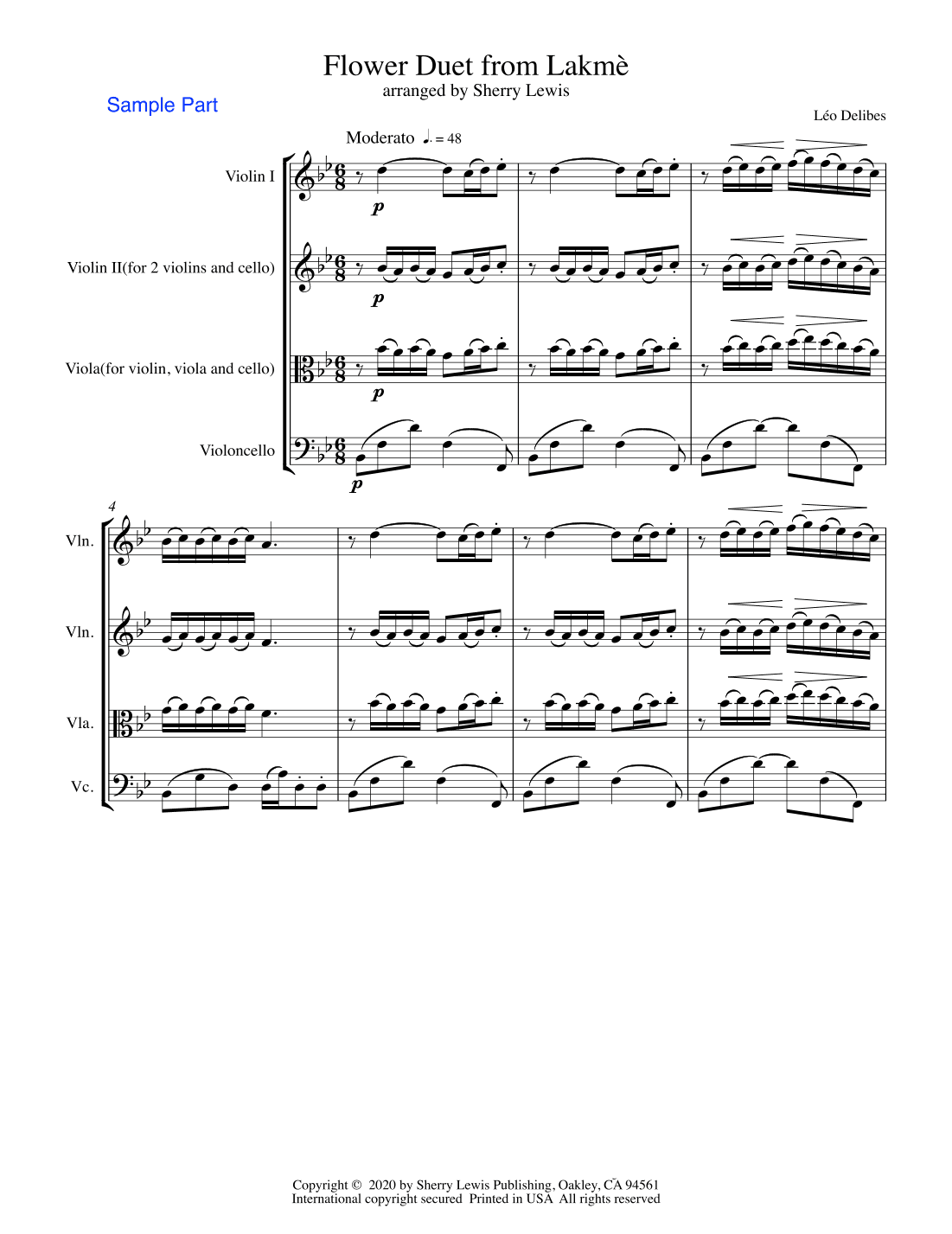 FLOWER DUET from Lakmè, String Trio, Intermediate Level for 2 violins and cello or violin, viola and (arr. Sherry Lewis Publishing)
