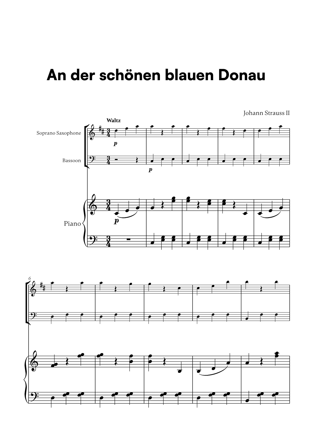 Johann Strauss II - An der scho¨nen blauen Donau for Soprano Saxophone, Bassoon and Piano (arr. Cadenza Editions)