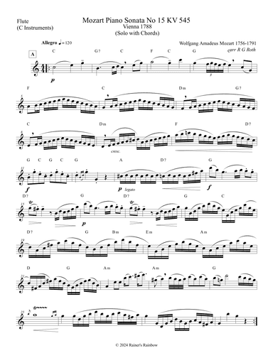 Mozart 1788 KV 545 Piano Sonata in C Leadsheet For Flute with Chords (arr. R G Roth)