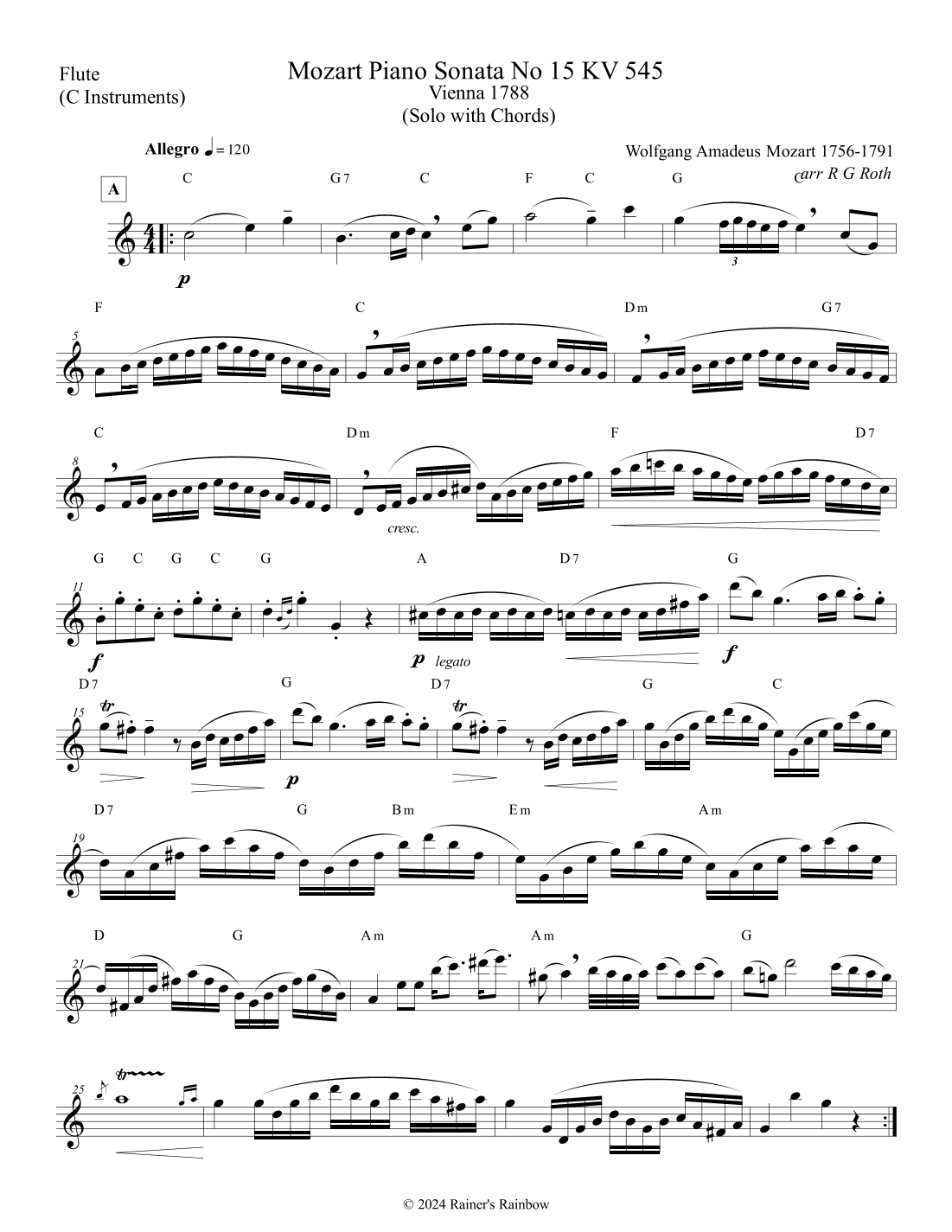 Mozart 1788 KV 545 Piano Sonata in C Leadsheet For Flute with Chords (arr. R G Roth)