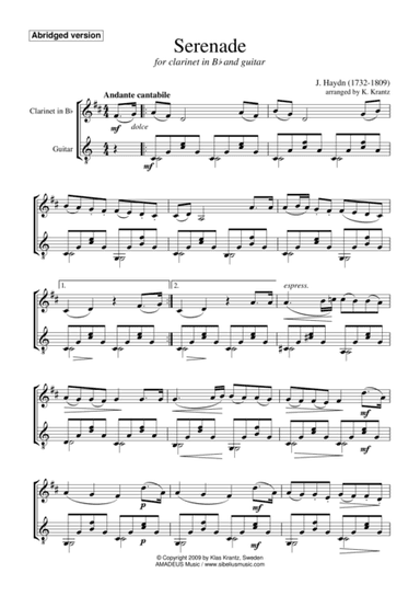 Serenade (abridged) for clarinet in Bb and guitar (arr. K. Krantz)