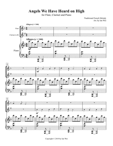 Angels We Have Heard on High for Flute, Clarinet and Piano (arr. Ian Wei)