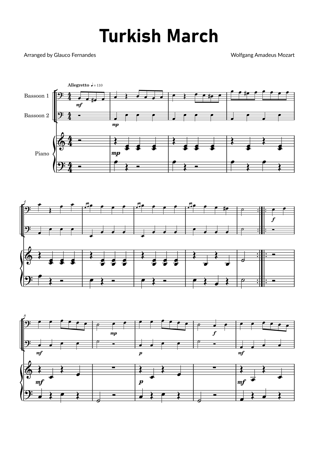 Turkish March by Mozart - Bassoon Duet with Piano (arr. Glauco Fernandes)