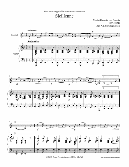 Paradies: Sicilienne - French Horn and Piano (arr. Anne L Christopherson GRSM ARCM)