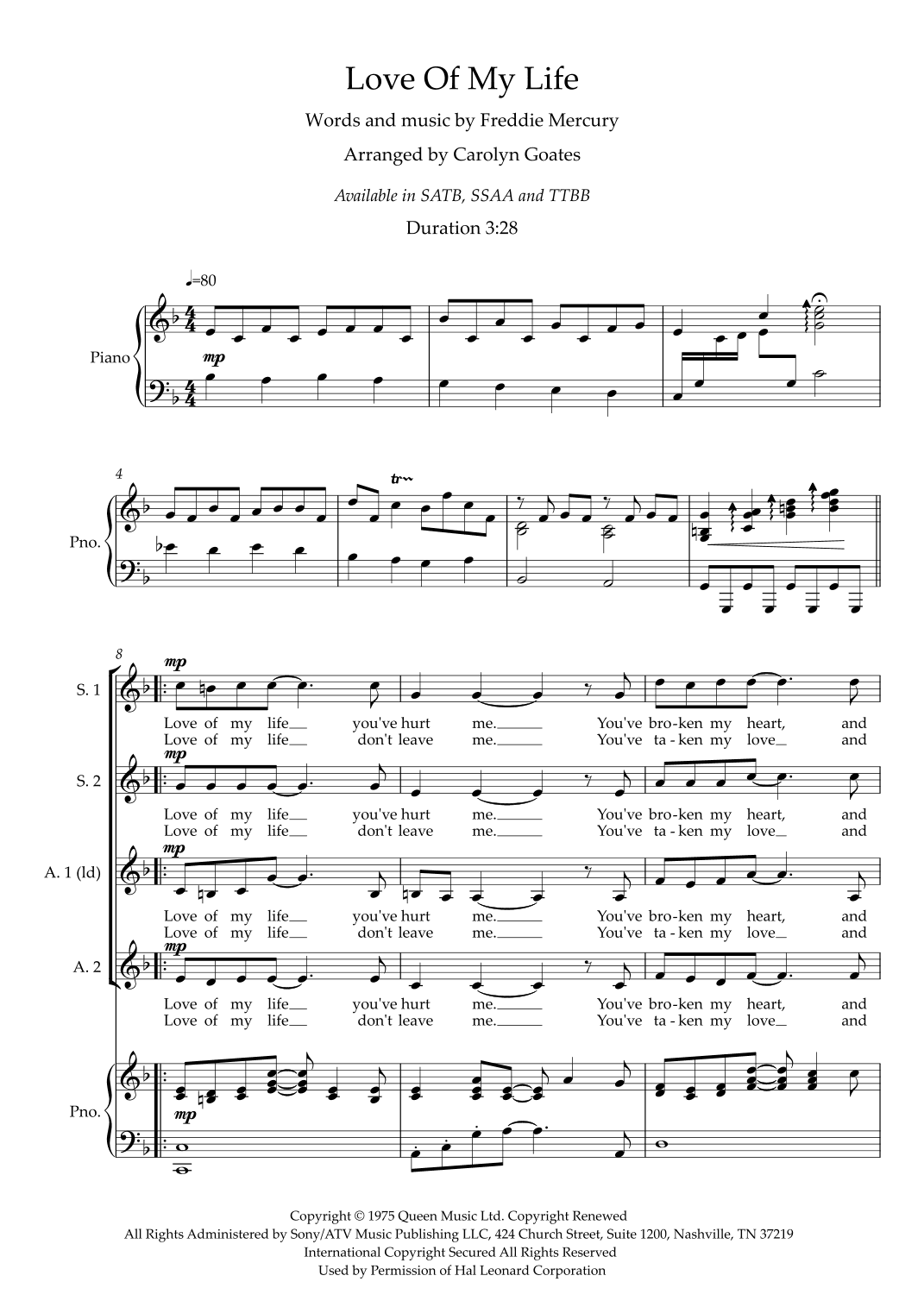 Love Of My Life (arr. Carolyn Goates)