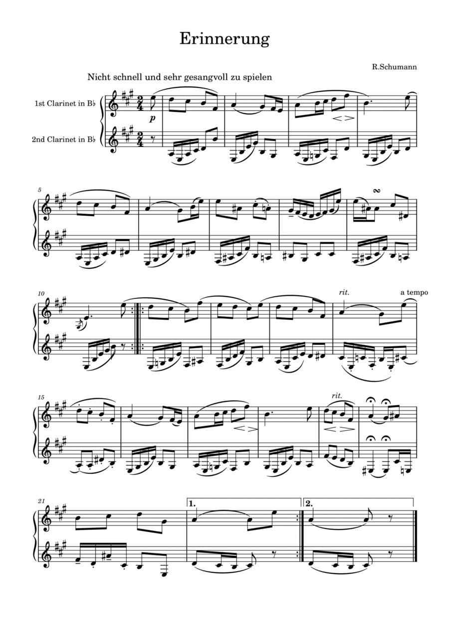 R.Schumann: Erinnerung for two clarinets (arr. Saho Omukai)