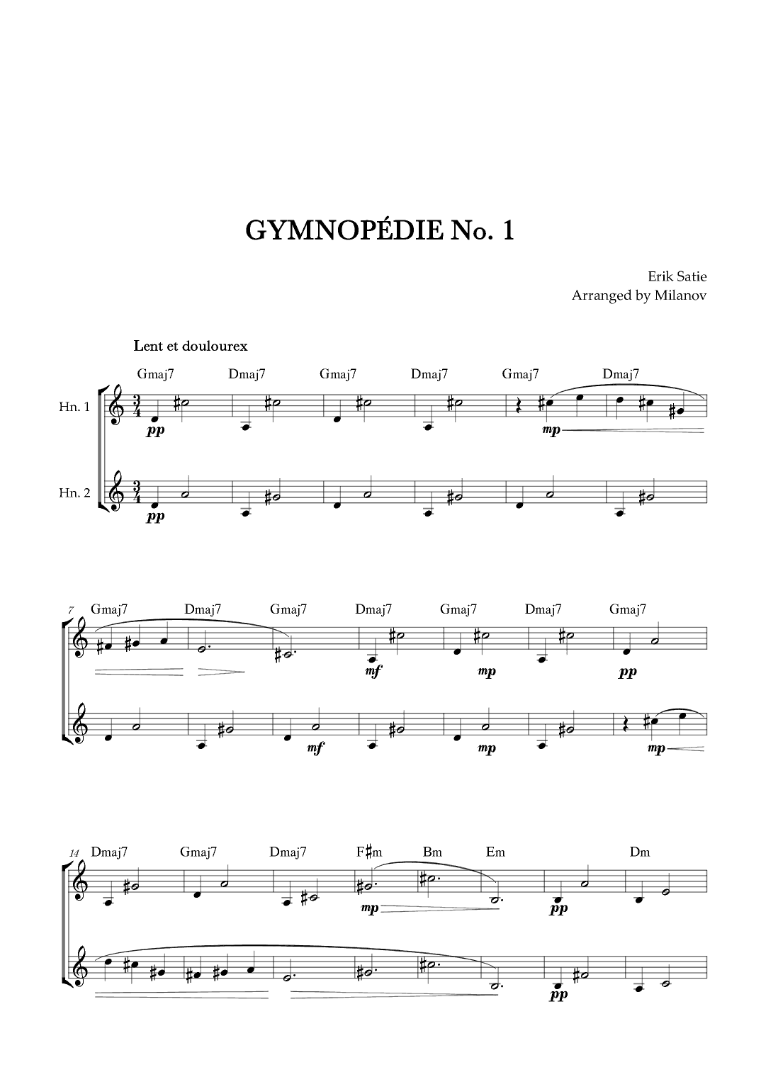 Gymnopédie no 1 | Horn in F Duet | Original Key | Chords | Easy intermediate (arr. Milanov)