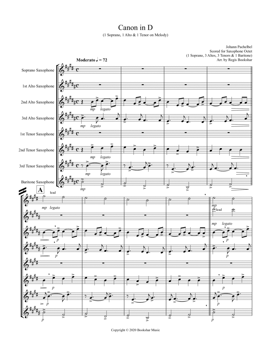 Canon in D (Pachelbel) (D) (Saxophone Octet - 1 Sop, 3 Alto, 3 Tenor, 1 Bari) (1 Sop, 1 Alto, 1 Teno (arr. Regis Bookshar)