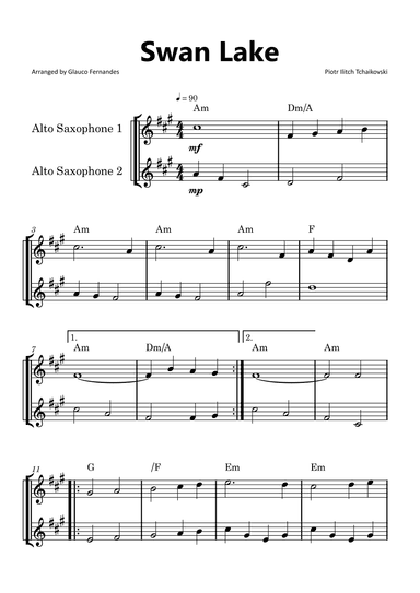 Swan Lake - Alto Saxophone Duet with Chord Notations (arr. Glauco Fernandes)