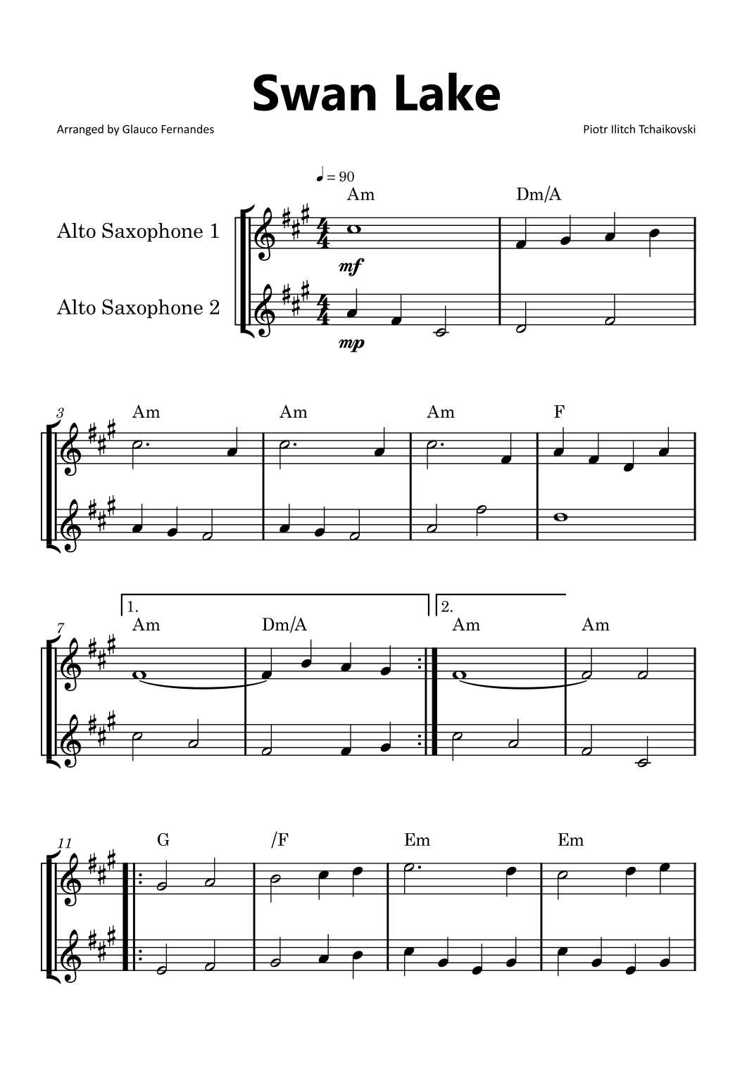 Swan Lake - Alto Saxophone Duet with Chord Notations (arr. Glauco Fernandes)