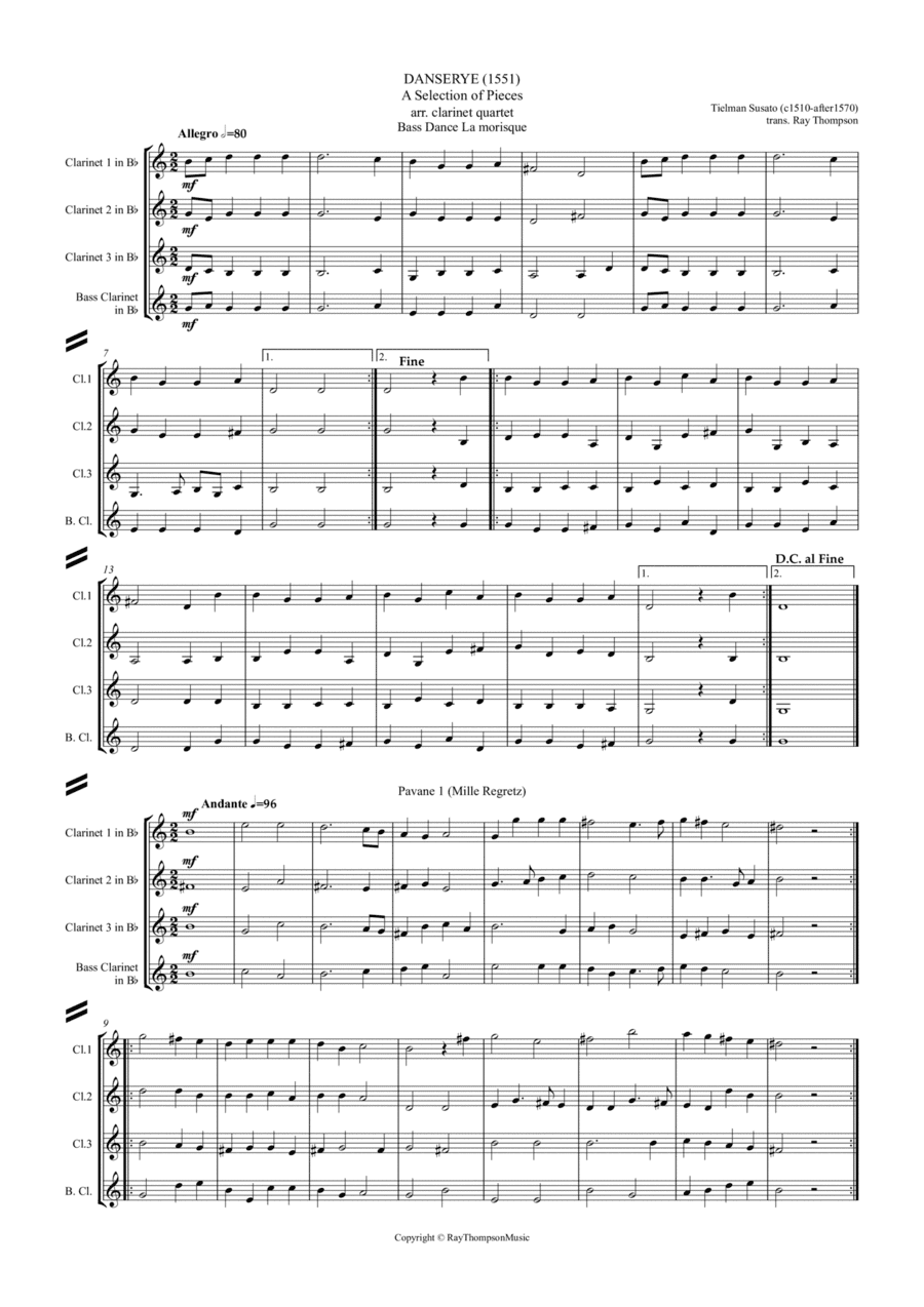 Susato: Danserye (1551) A Selection of Six Pieces - clarinet quartet (arr. Ray  Thompson)