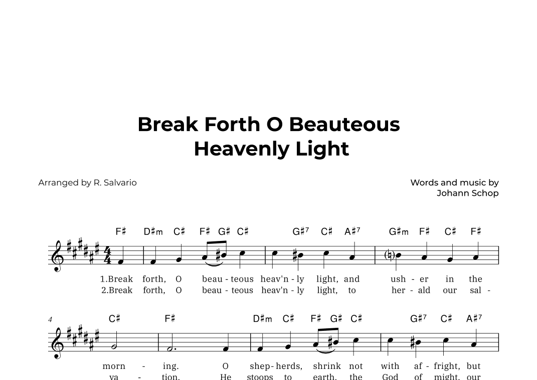 Break Forth O Beauteous Heavenly Light (Key of F-Sharp Major) (arr. R. Salvario)