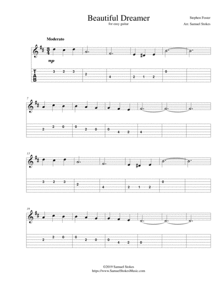 Beautiful Dreamer - for easy guitar with TAB (arr. Samuel Stokes)