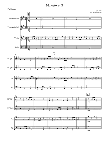 Minueto in G (J. S. Bach) for 2 Trumpet, Violin and Cello (arr. Fernando Britto)