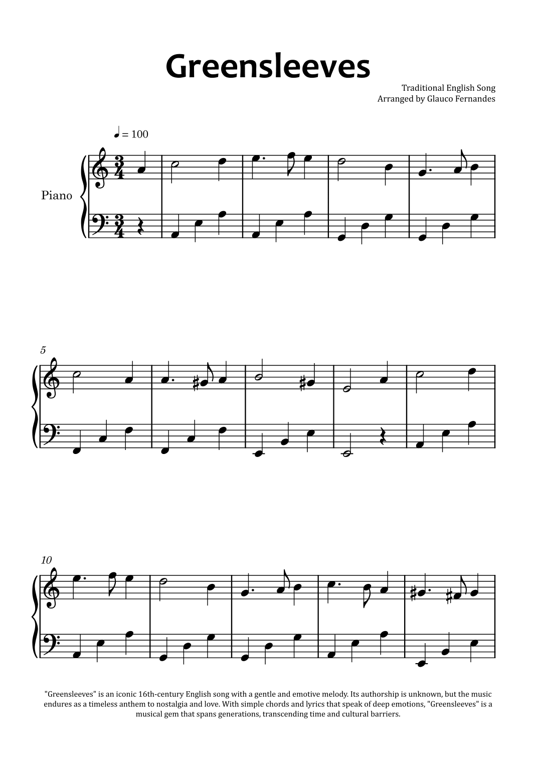 Greensleeves - Easy Piano (arr. Glauco Fernandes)
