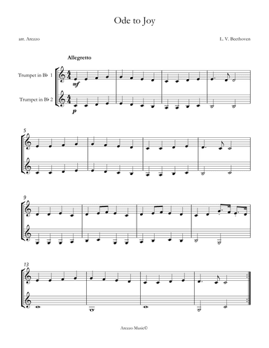 ode to joy trumpet duo sheet music for beginners in b flat (arr. Arezzo Music)