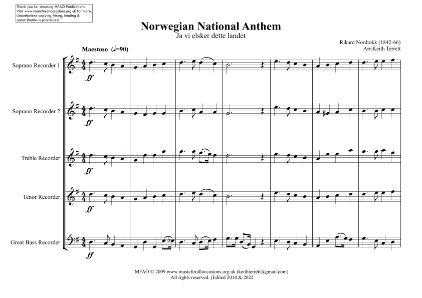 Norwegian National Anthem for Recorder Quintet MFAO World National Anthem Series) (arr. Keith Terrett)