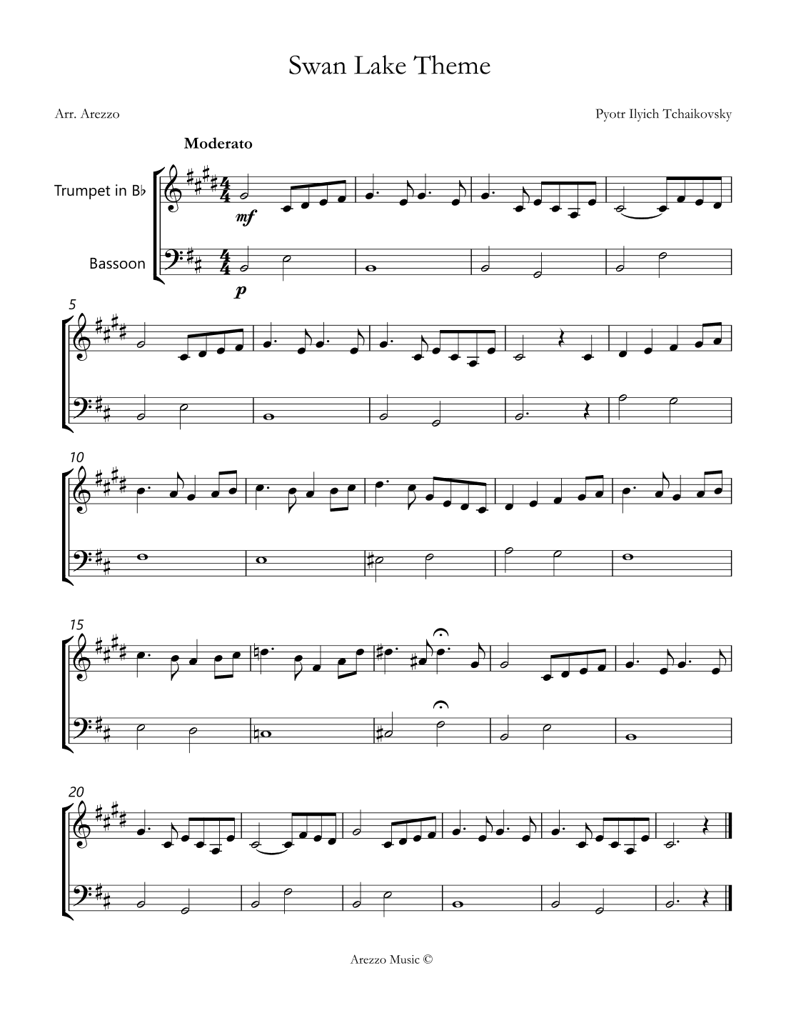 the swan lake theme sheet music for Trumpet and Bassoon (arr. Arezzo Music)