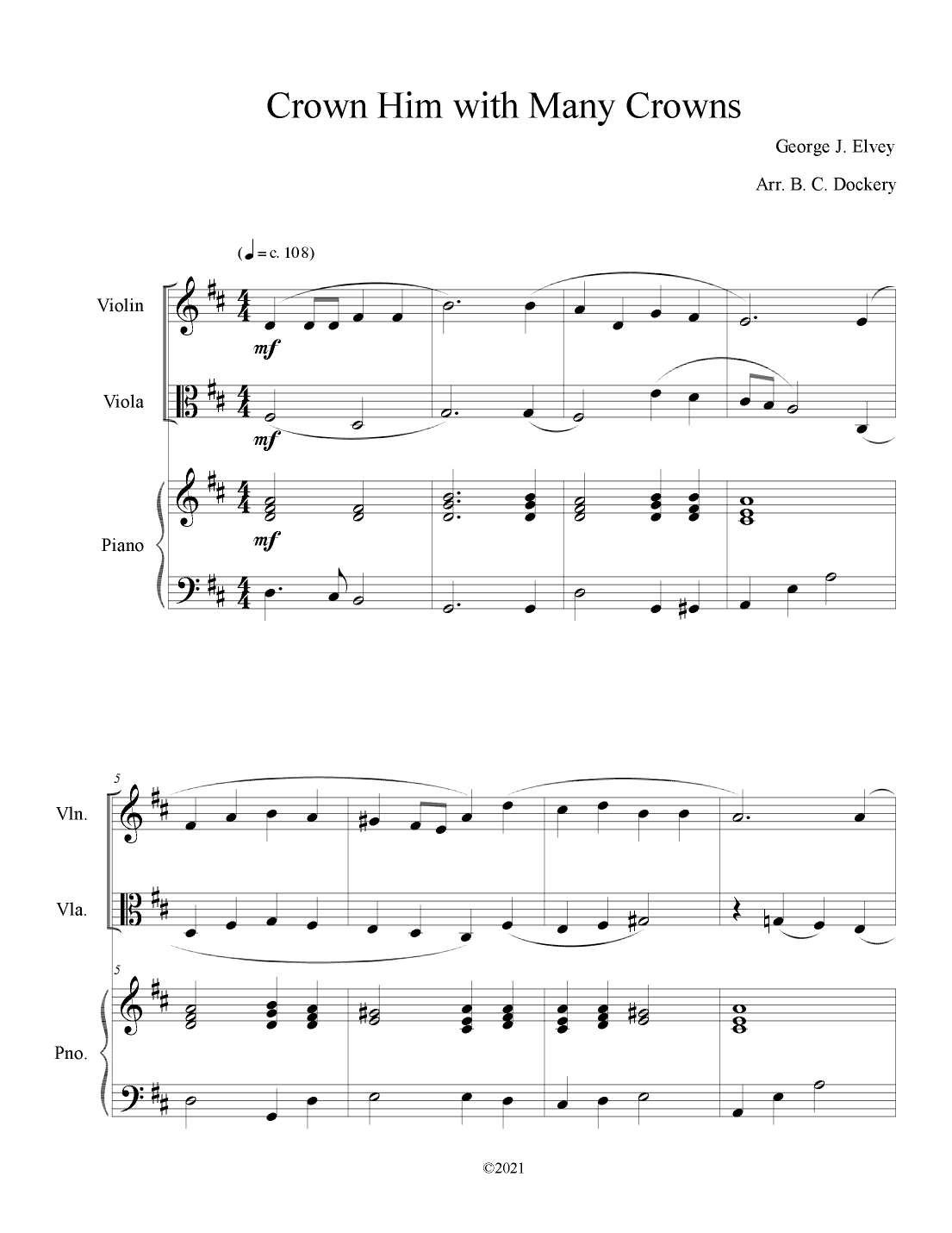 Crown Him with Many Crowns (Violin and Viola Duet with Piano Accompaniment) (arr. B. C. Dockery)
