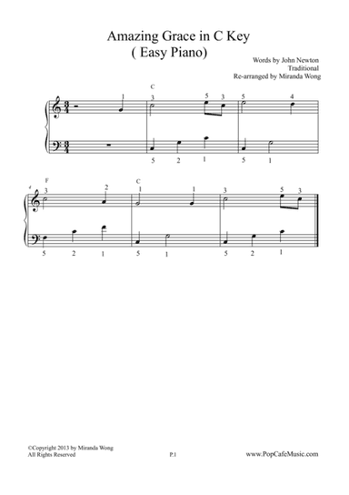 Amazing Grace in C Key - Easy Piano (arr. Miranda Wong)