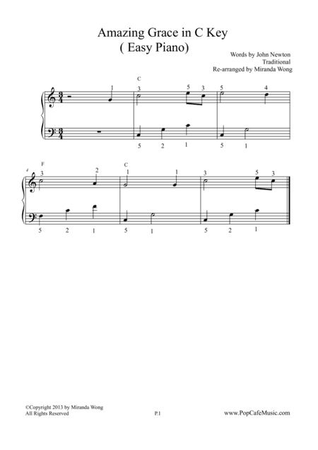 Amazing Grace in C Key - Easy Piano (arr. Miranda Wong)