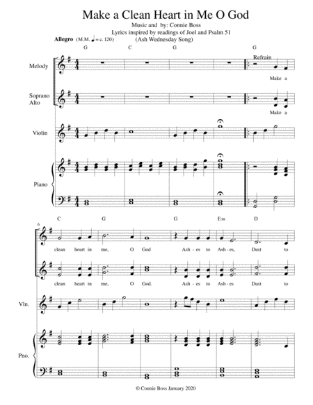 Make a Clean Heart in Me O God - violin trio and piano