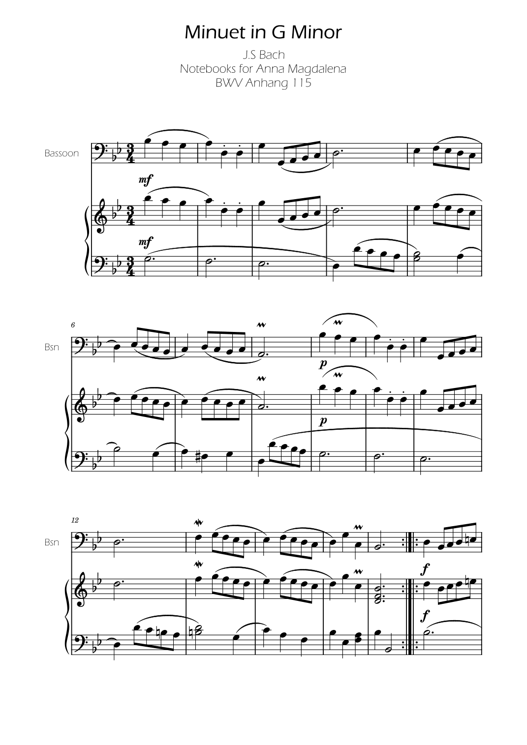 Minuet in G minor BWV Anh. 115 - Bach - Bassoon (arr. Ygor Nunes)