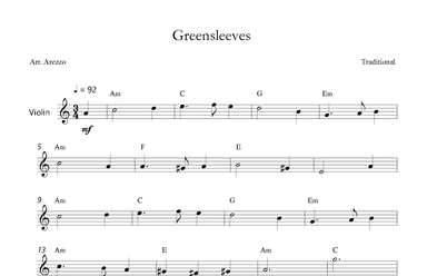 Greensleeves - Lead Sheet for Violin Melody and Chords (arr. Arezzo Music)