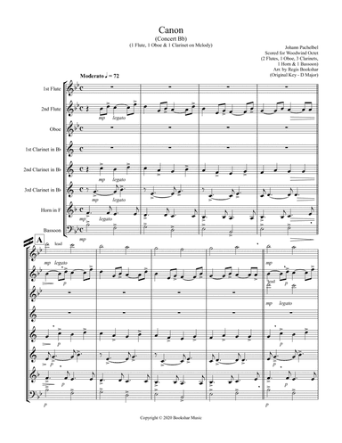 Canon (Pachelbel) (Bb) (Woodwind Octet - 2 Flute, 1 Oboe, 3 Clar, 1 Hrn, 1 Bassoon) (1 Flute, 1 Oboe (arr. Regis Bookshar)