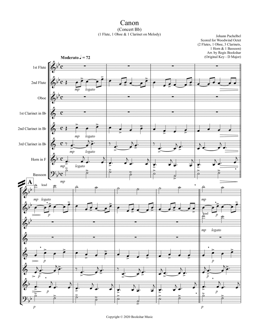 Canon (Pachelbel) (Bb) (Woodwind Octet - 2 Flute, 1 Oboe, 3 Clar, 1 Hrn, 1 Bassoon) (1 Flute, 1 Oboe (arr. Regis Bookshar)