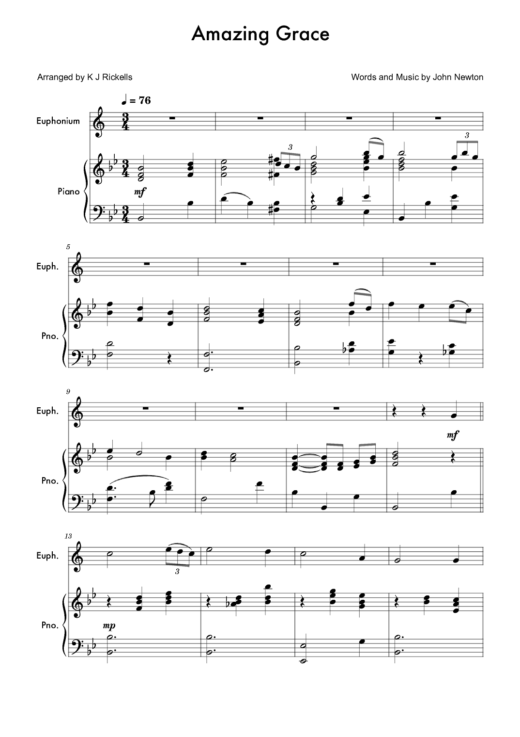 Amazing Grace - Euphonium/Baritone (treble clef) (arr. K J Rickells)