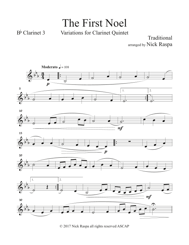 The First Noel (Variations for Clarinet Quintet) Bb Clarinet 3 part (arr. Nick Raspa)