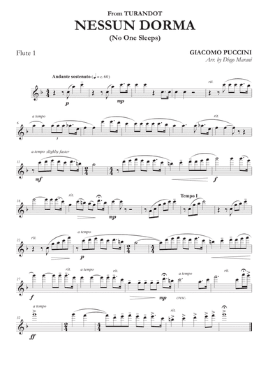 Nessun Dorma for Flute Quartet (arr. Diego Marani)