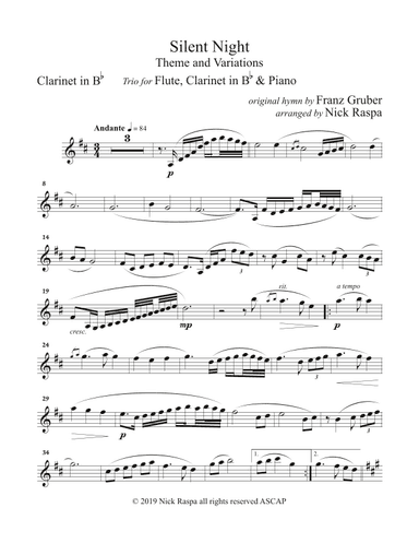 Silent Night - variations (Trio for Flute, Clarinet & Piano) B Flat Clarinet part (arr. Nick Raspa)
