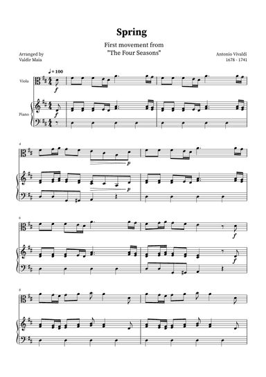 Spring - The Four Seasons for Viola and Piano (D Major) (arr. Valdir Maia)