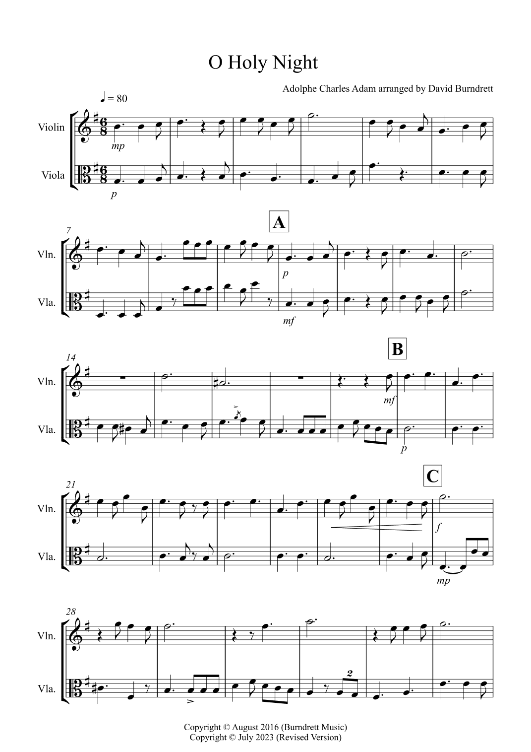 O Holy Night for Violin and Viola Duet (arr. David Burndrett)