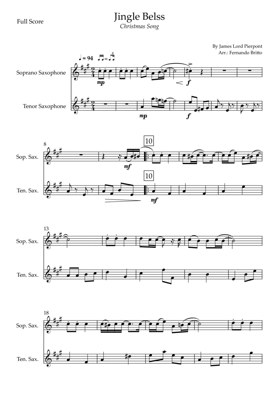 Jingle Bells - Jazz Version (Christmas Song) for Soprano Saxophone Duo (arr. Fernando Britto)