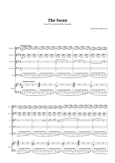 The Swan by Saint-Saëns for Brass Quintet and Piano with Chords (arr. Langanho)