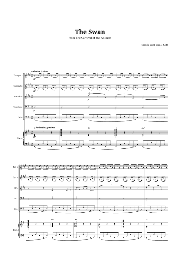 The Swan by Saint-Saëns for Brass Quintet and Piano with Chords (arr. Langanho)
