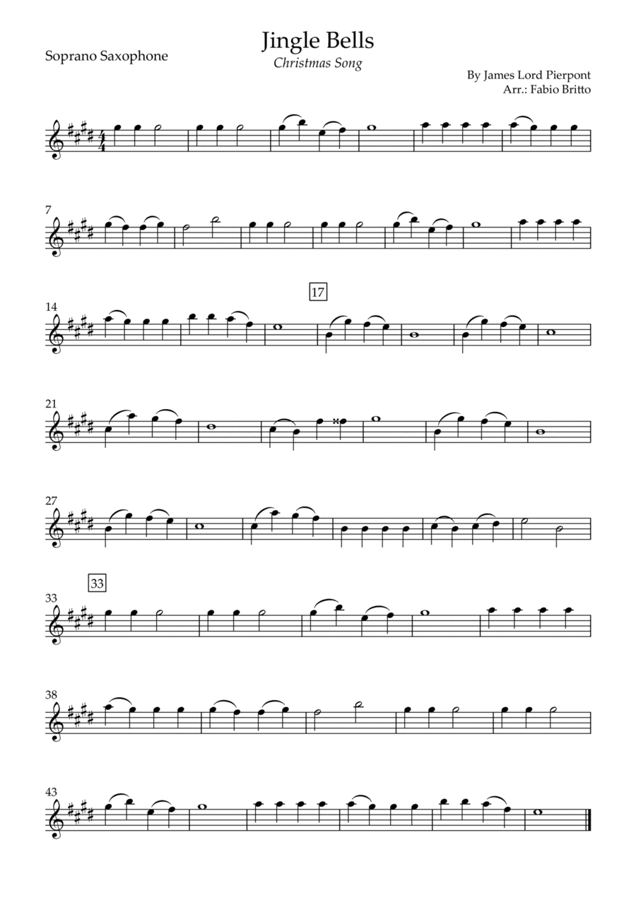 Jingle Bells (Christmas Song) for Soprano Saxophone Solo (arr. Fabio Britto)