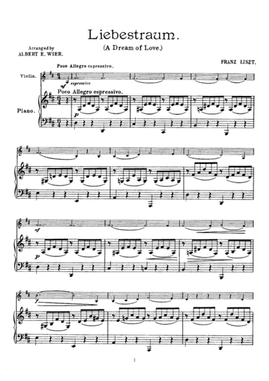 Liszt Liebestraum (A Dream of Love), for Violin & Piano, VN003 (arr. A. E. Wier)